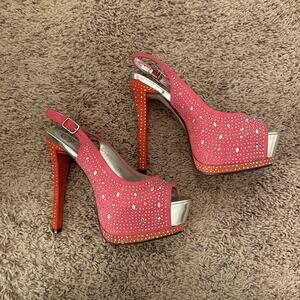 NEW Sparkly SATIN HOT PINK RHINESTONES Open Toe Platform Stiletto Heels Shoes 8